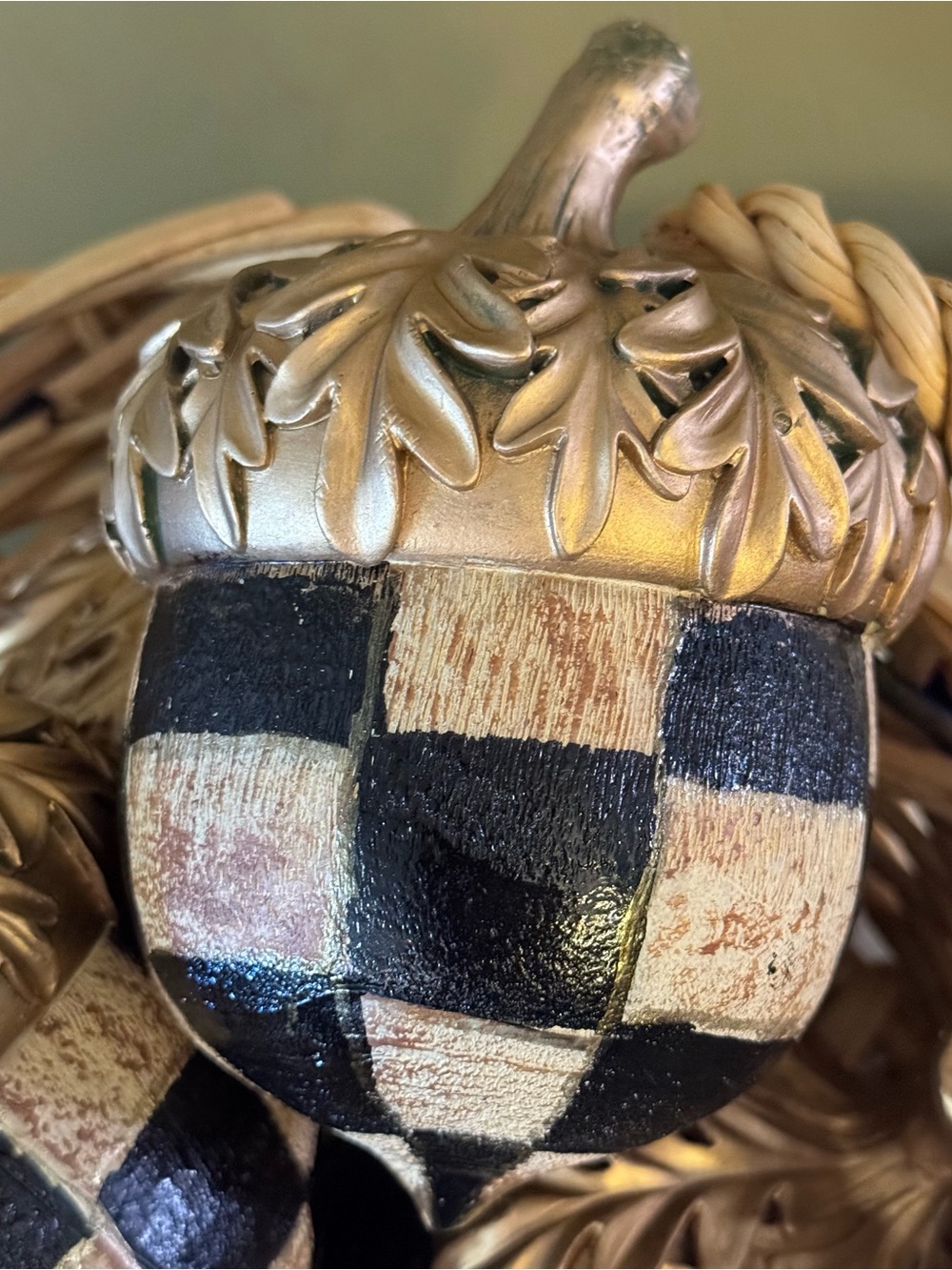 Hand-Painted Checkered Acorn Ornament - Gold & Black set of 3